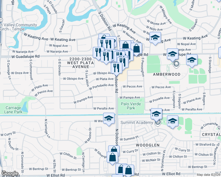 map of restaurants, bars, coffee shops, grocery stores, and more near 3014 South Santa Barbara Circle in Mesa