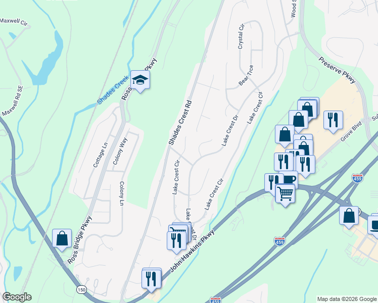 map of restaurants, bars, coffee shops, grocery stores, and more near 5024 Lake Crest Circle in Birmingham