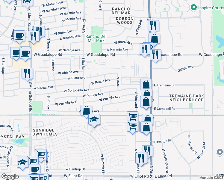 map of restaurants, bars, coffee shops, grocery stores, and more near 624 West Pampa Avenue in Mesa