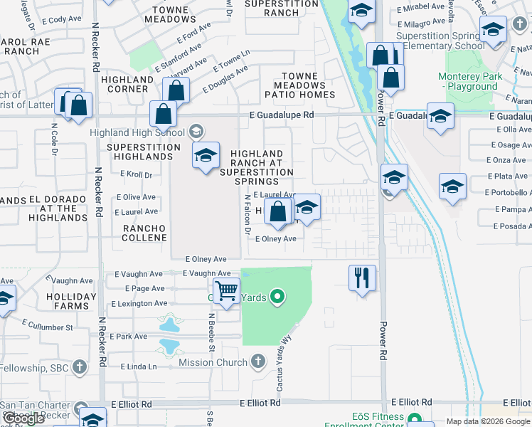map of restaurants, bars, coffee shops, grocery stores, and more near 4475 East Redfield Court in Gilbert