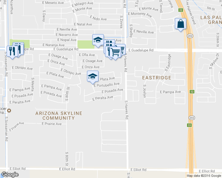 map of restaurants, bars, coffee shops, grocery stores, and more near 8266 East Posada Avenue in Mesa