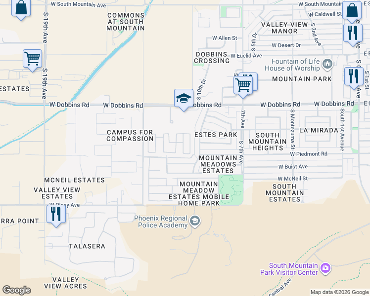 map of restaurants, bars, coffee shops, grocery stores, and more near 9433 South 11th Drive in Phoenix