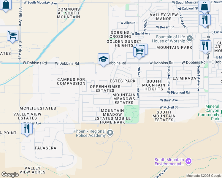 map of restaurants, bars, coffee shops, grocery stores, and more near 9440 South 10th Avenue in Phoenix