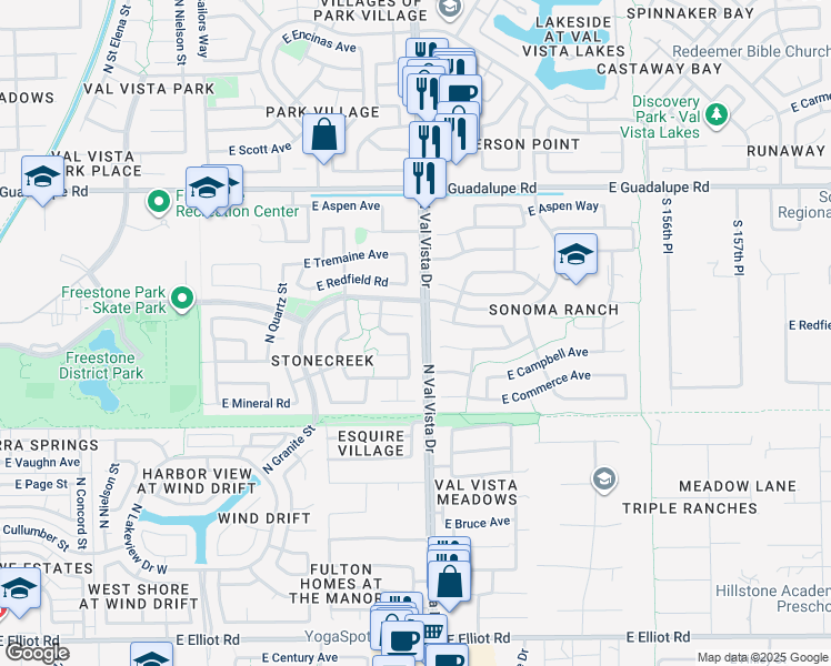 map of restaurants, bars, coffee shops, grocery stores, and more near 537 North Redrock Street in Gilbert
