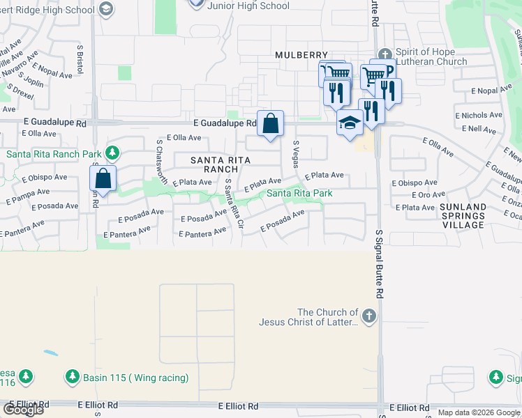 map of restaurants, bars, coffee shops, grocery stores, and more near 3044 South Sabrina Circle in Mesa