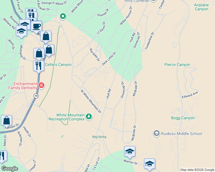 map of restaurants, bars, coffee shops, grocery stores, and more near 856-898 Hull Road in Ruidoso