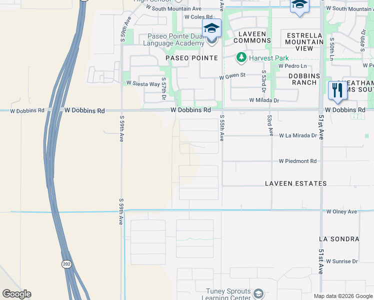map of restaurants, bars, coffee shops, grocery stores, and more near 5599 West Dobbins Road in Phoenix