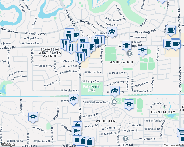 map of restaurants, bars, coffee shops, grocery stores, and more near 1903 West Pecos Avenue in Mesa