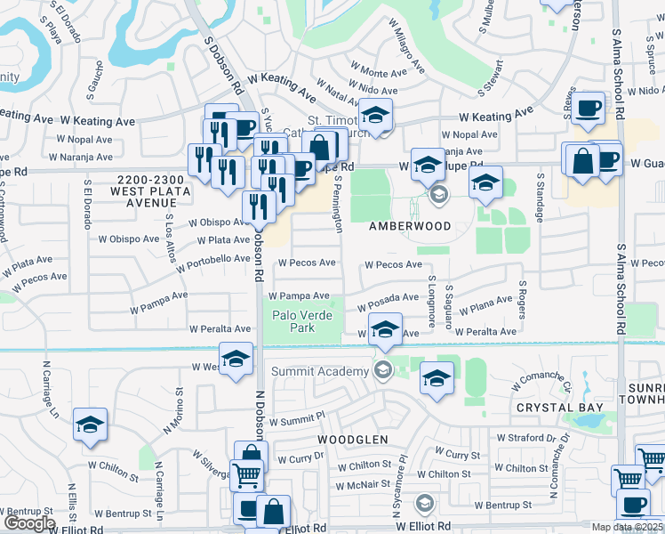 map of restaurants, bars, coffee shops, grocery stores, and more near 1815 West Pecos Avenue in Mesa