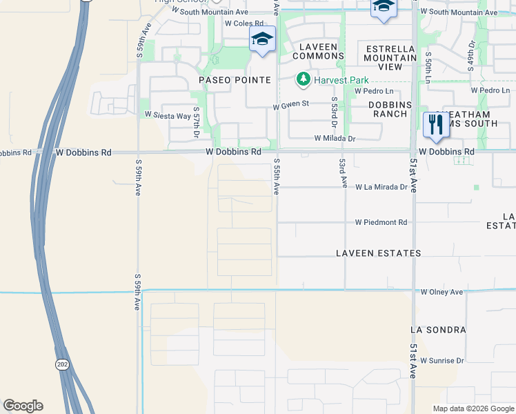 map of restaurants, bars, coffee shops, grocery stores, and more near 9401-9599 South 55th Avenue in Maricopa County