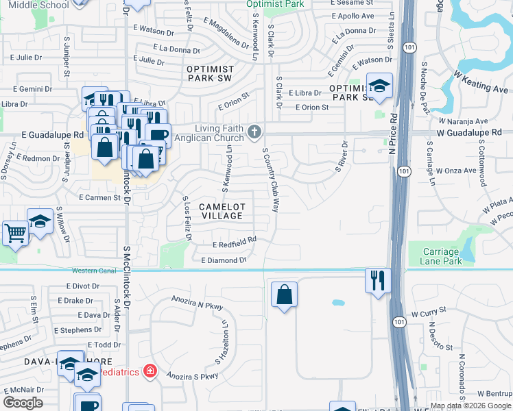 map of restaurants, bars, coffee shops, grocery stores, and more near 952 East Lodge Drive in Tempe