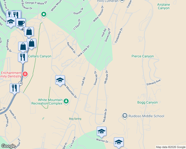 map of restaurants, bars, coffee shops, grocery stores, and more near 310 Snowcap Drive in Ruidoso