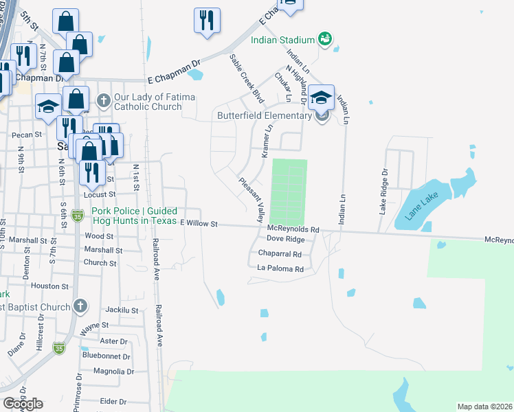 map of restaurants, bars, coffee shops, grocery stores, and more near 11 Pleasant Valley in Sanger