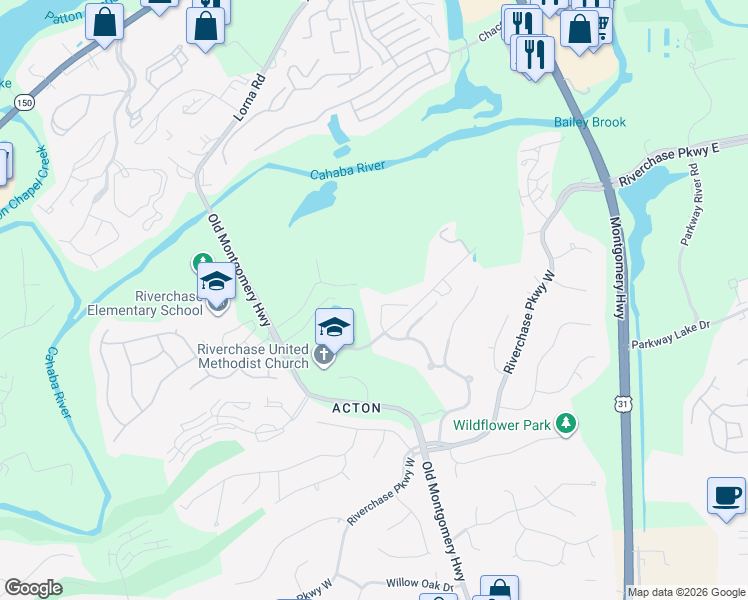 map of restaurants, bars, coffee shops, grocery stores, and more near 1028 Riverchase Cove in Birmingham