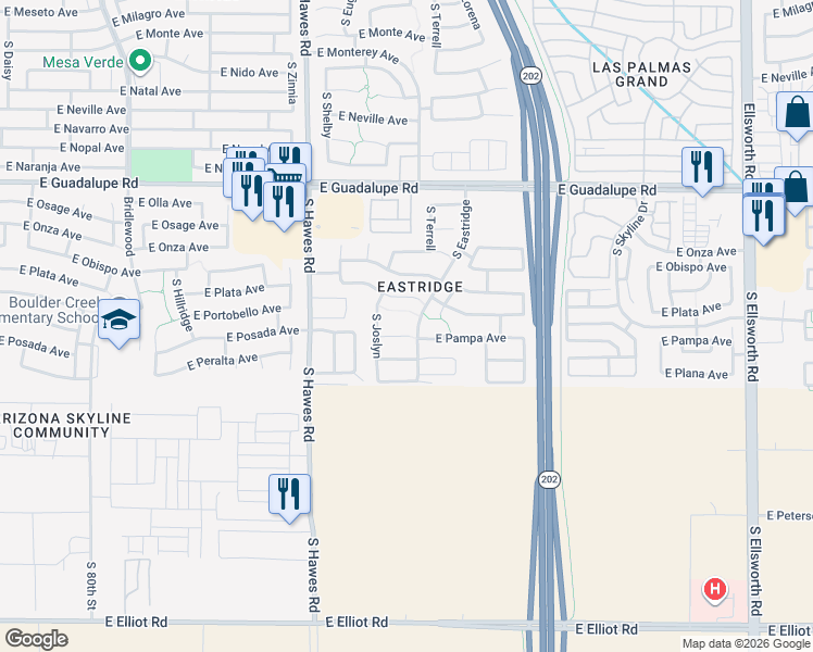 map of restaurants, bars, coffee shops, grocery stores, and more near 8540 East Pampa Circle in Mesa