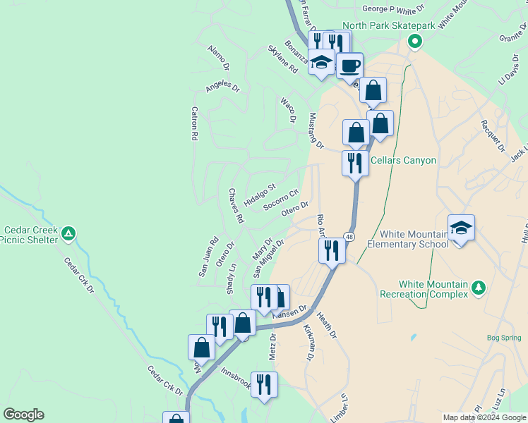 map of restaurants, bars, coffee shops, grocery stores, and more near 108 Socorro Circle in Ruidoso