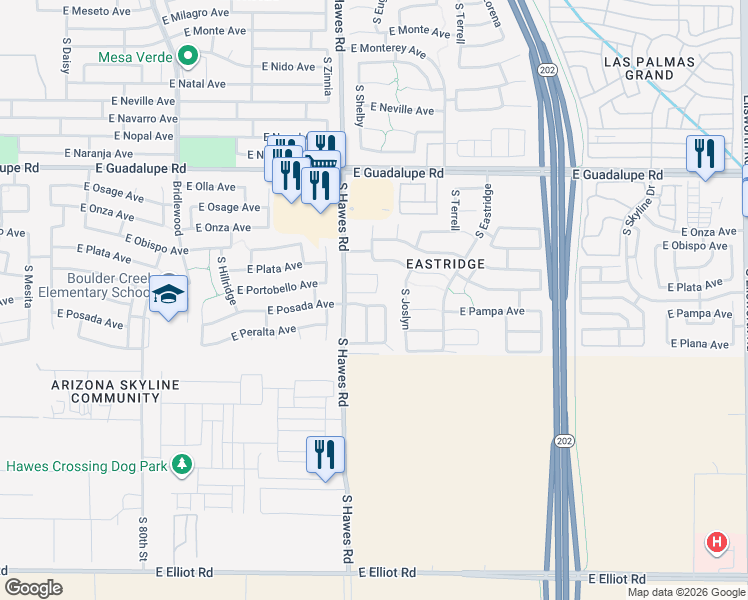 map of restaurants, bars, coffee shops, grocery stores, and more near 8420 East Pampa Avenue in Mesa