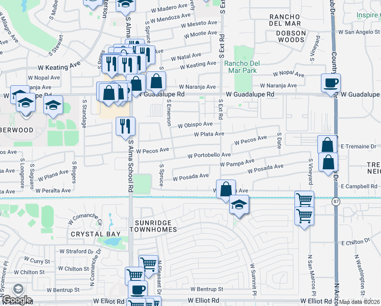 map of restaurants, bars, coffee shops, grocery stores, and more near 864 West Portobello Avenue in Mesa