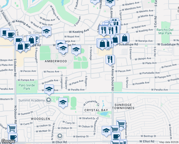 map of restaurants, bars, coffee shops, grocery stores, and more near 3016 South Rogers in Mesa