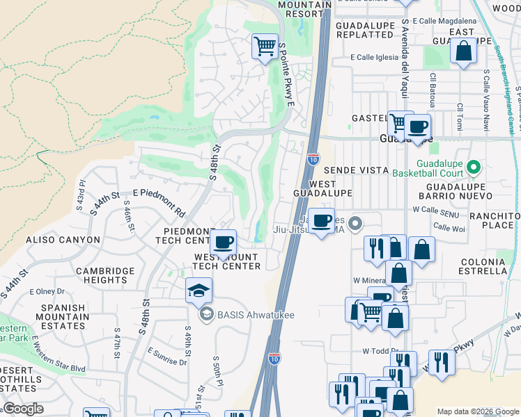 map of restaurants, bars, coffee shops, grocery stores, and more near 9605 South 51st Street in Phoenix