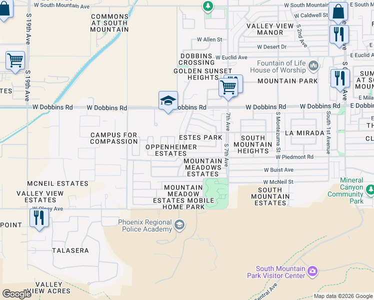 map of restaurants, bars, coffee shops, grocery stores, and more near 9440 South 10th Avenue in Phoenix