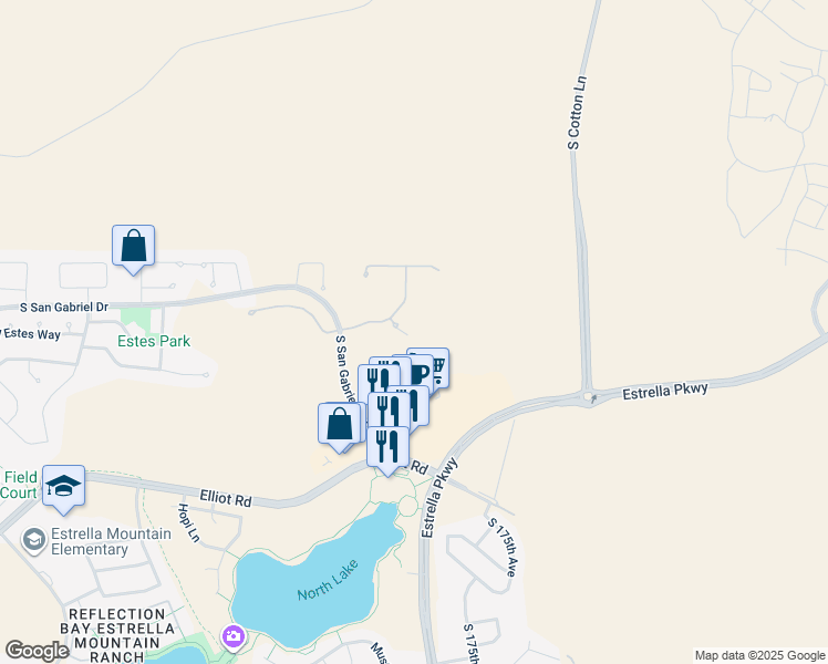 map of restaurants, bars, coffee shops, grocery stores, and more near 17691 West Estes Way in Goodyear