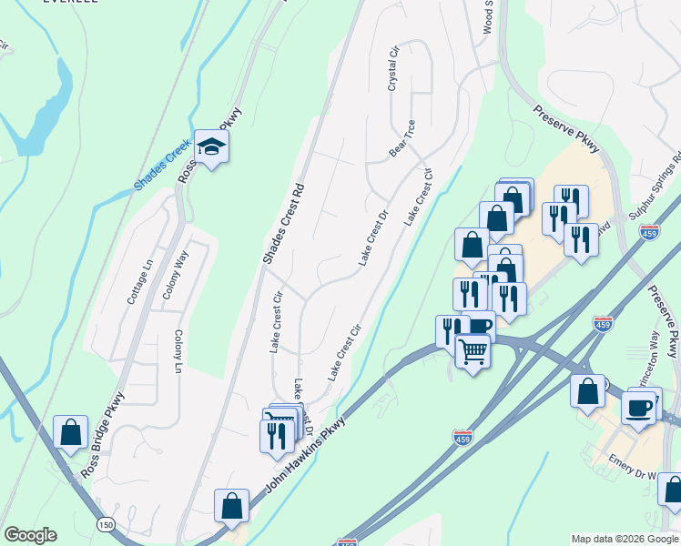 map of restaurants, bars, coffee shops, grocery stores, and more near 1105 Camellia Circle in Birmingham