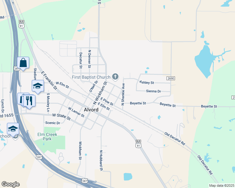 map of restaurants, bars, coffee shops, grocery stores, and more near 303 North Hubbard Street in Alvord