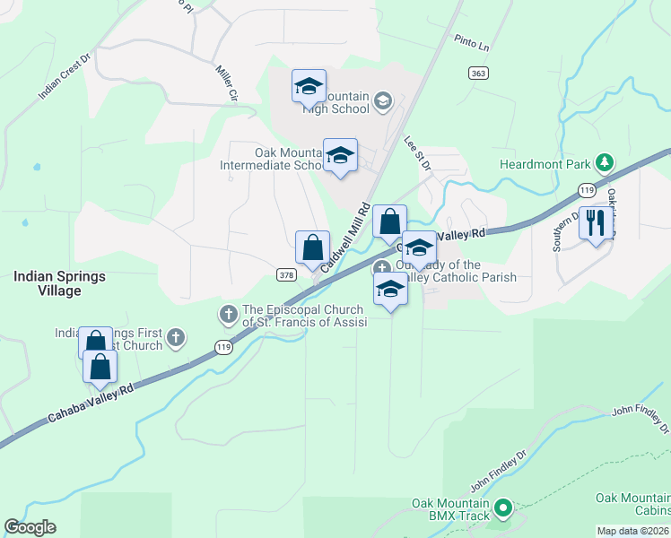 map of restaurants, bars, coffee shops, grocery stores, and more near Cahaba Valley Rd in Indian Springs Village