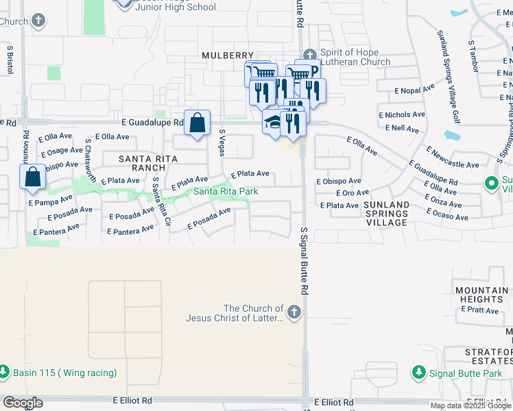 map of restaurants, bars, coffee shops, grocery stores, and more near 10643 East Pampa Avenue in Mesa