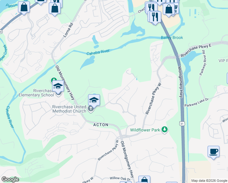 map of restaurants, bars, coffee shops, grocery stores, and more near 1052 Riverchase Cove in Hoover