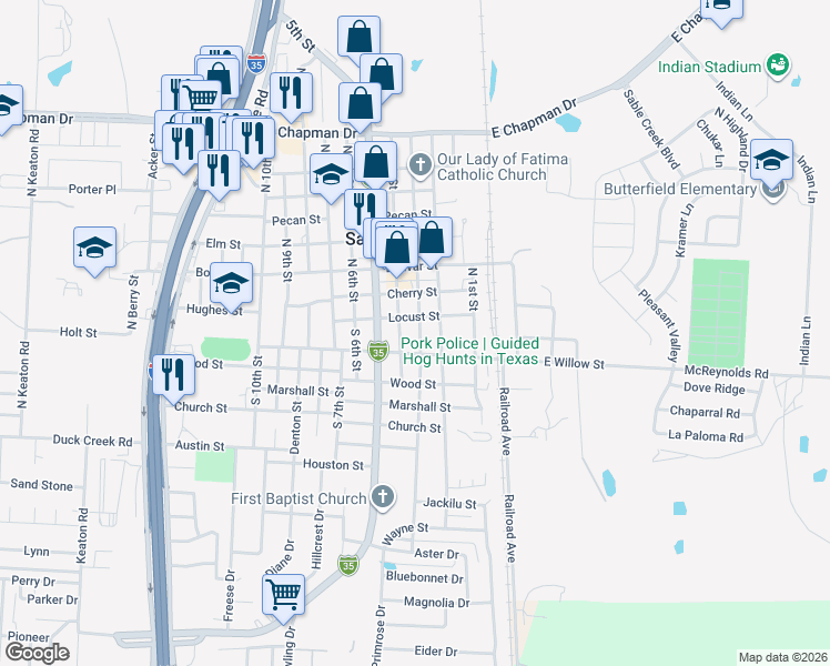 map of restaurants, bars, coffee shops, grocery stores, and more near 400 Locust Street in Sanger