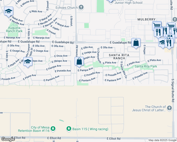 map of restaurants, bars, coffee shops, grocery stores, and more near 10063 East Pampa Avenue in Mesa