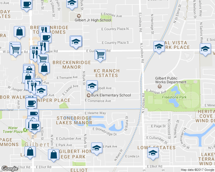 map of restaurants, bars, coffee shops, grocery stores, and more near 528 East Campbell Avenue in Gilbert