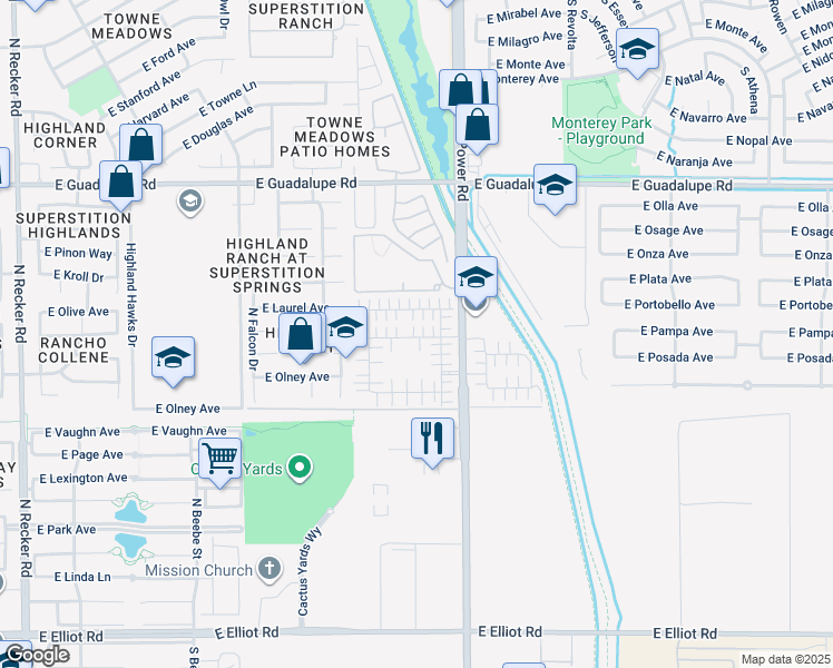 map of restaurants, bars, coffee shops, grocery stores, and more near 4724 East Redfield Road in Gilbert