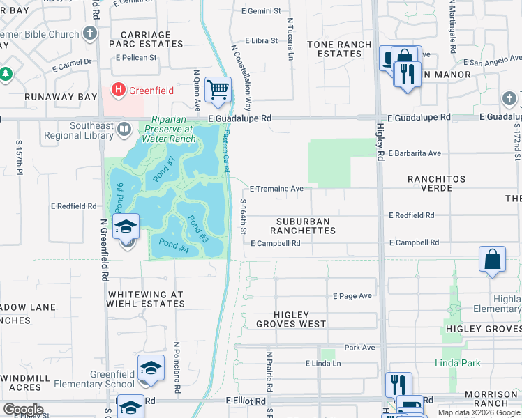 map of restaurants, bars, coffee shops, grocery stores, and more near 2858 East Redfield Road in Gilbert