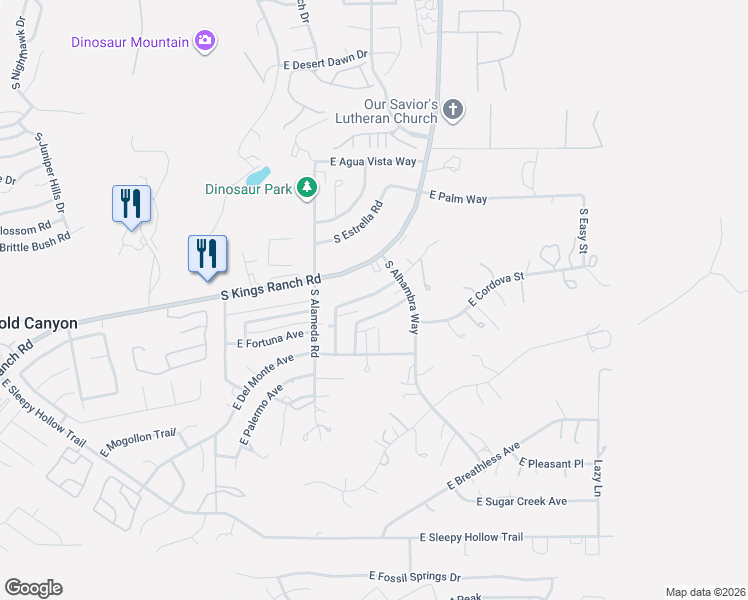 map of restaurants, bars, coffee shops, grocery stores, and more near 10312 East Fortuna Avenue in Gold Canyon