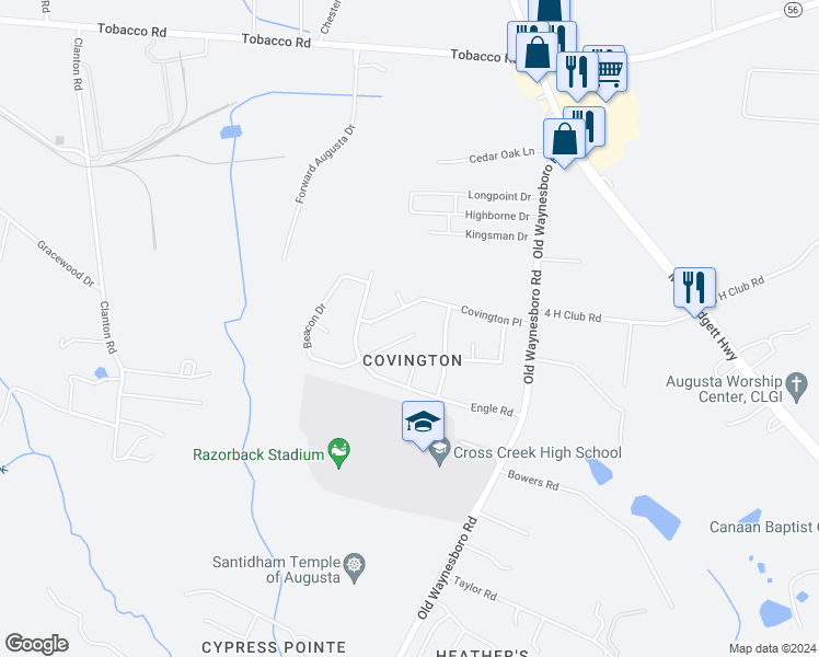 map of restaurants, bars, coffee shops, grocery stores, and more near 3805 Beacon Drive in Augusta