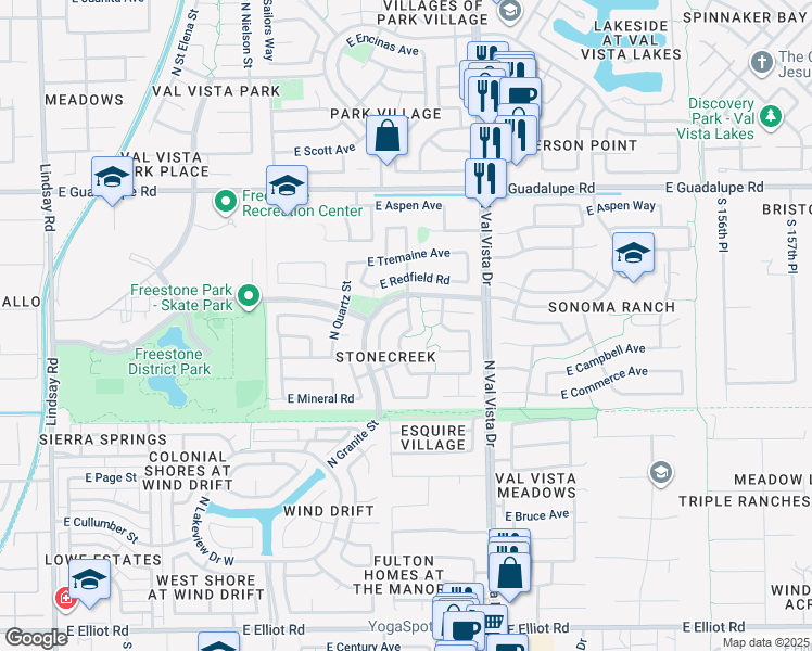 map of restaurants, bars, coffee shops, grocery stores, and more near 542 North Granite Street in Gilbert