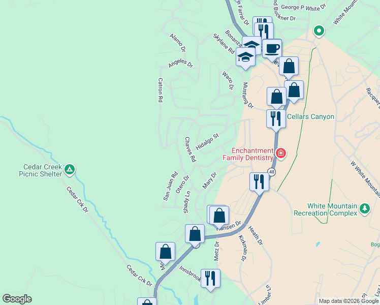 map of restaurants, bars, coffee shops, grocery stores, and more near 206 Chaves Rd in Ruidoso