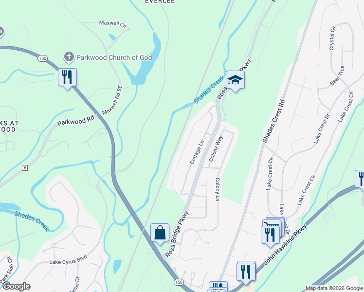 map of restaurants, bars, coffee shops, grocery stores, and more near 5341 Cottage Circle in Hoover