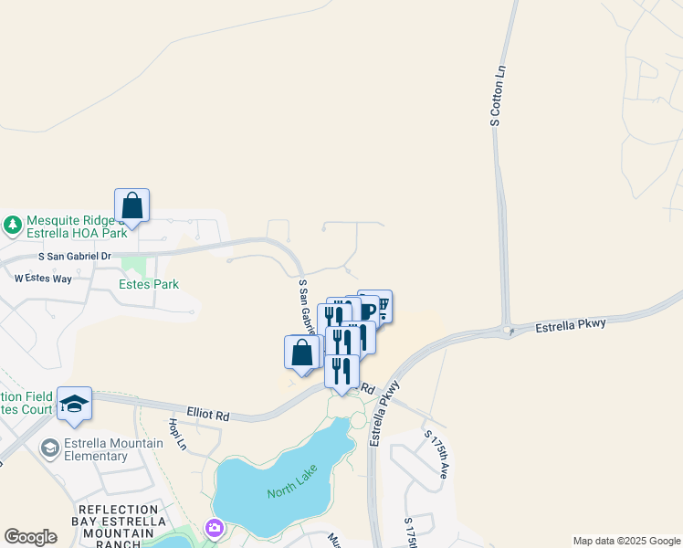 map of restaurants, bars, coffee shops, grocery stores, and more near 17691 West Estes Way in Goodyear