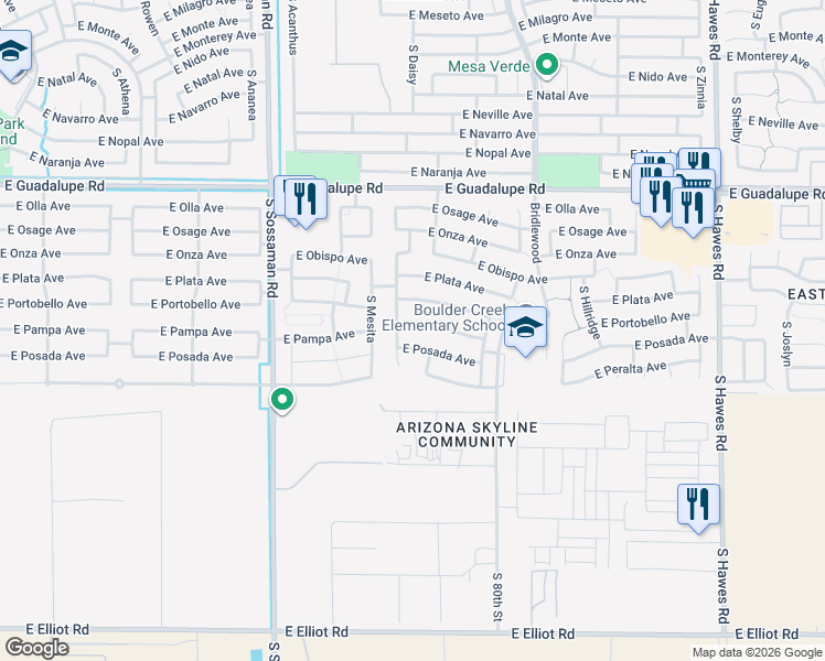 map of restaurants, bars, coffee shops, grocery stores, and more near 7857 East Pampa Avenue in Mesa