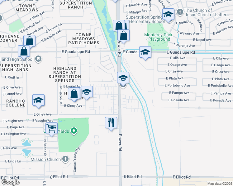 map of restaurants, bars, coffee shops, grocery stores, and more near 524 North Ranger Trail in Gilbert