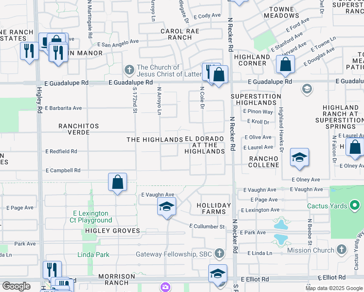 map of restaurants, bars, coffee shops, grocery stores, and more near 3753 East Olive Avenue in Gilbert