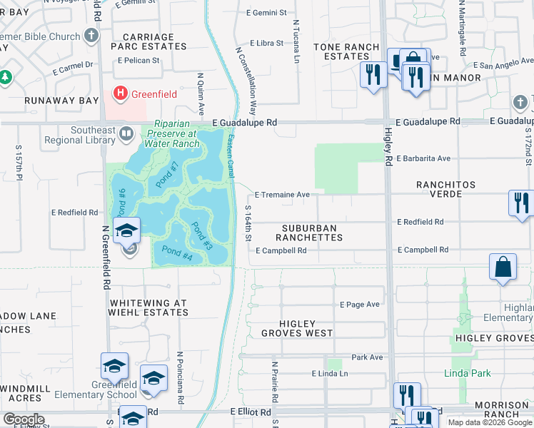 map of restaurants, bars, coffee shops, grocery stores, and more near 2858 East Redfield Road in Gilbert