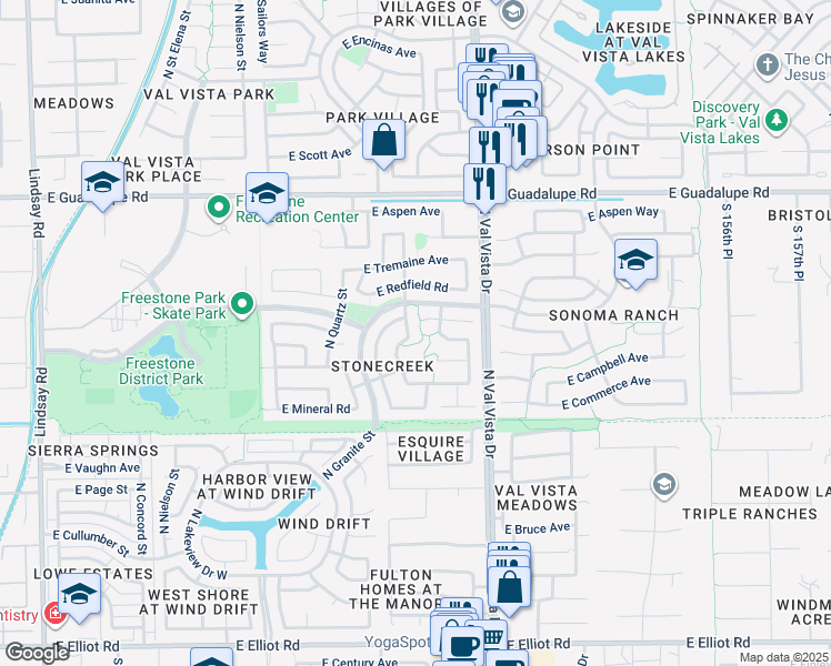 map of restaurants, bars, coffee shops, grocery stores, and more near 542 North Granite Street in Gilbert
