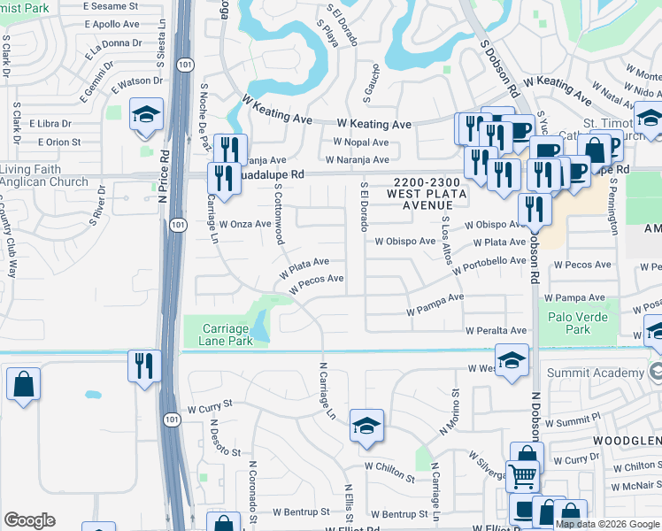 map of restaurants, bars, coffee shops, grocery stores, and more near 2430 West Pecos Avenue in Mesa
