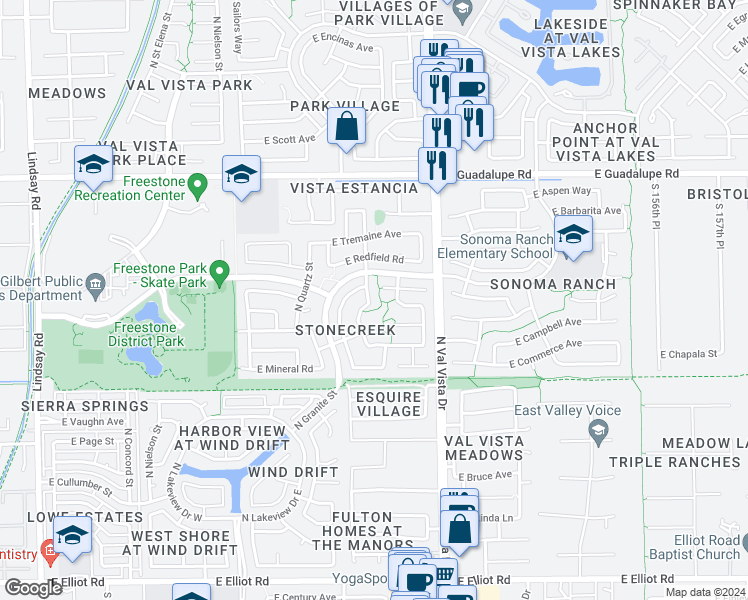map of restaurants, bars, coffee shops, grocery stores, and more near 542 North Granite Street in Gilbert