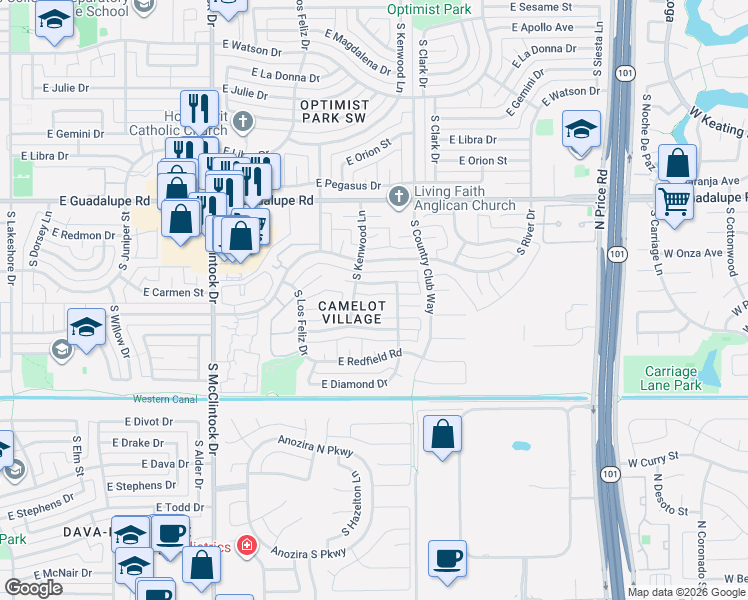 map of restaurants, bars, coffee shops, grocery stores, and more near 1917 East Lodge Drive in Tempe